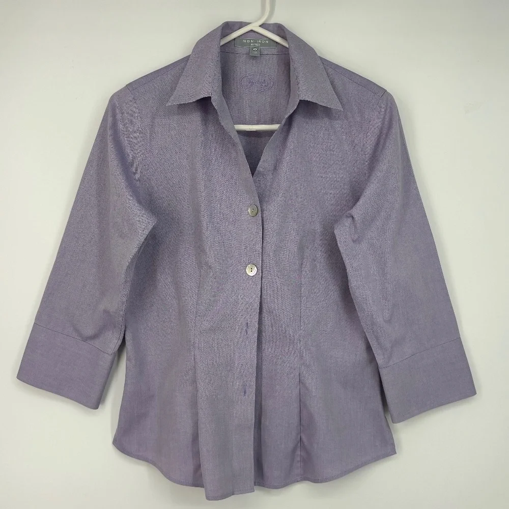 Foxcroft Womens Sz 4 Fitted Button Front Shirt Purple 3/4 Sleeve Non-Iron Cotton - Picture 1 of 8